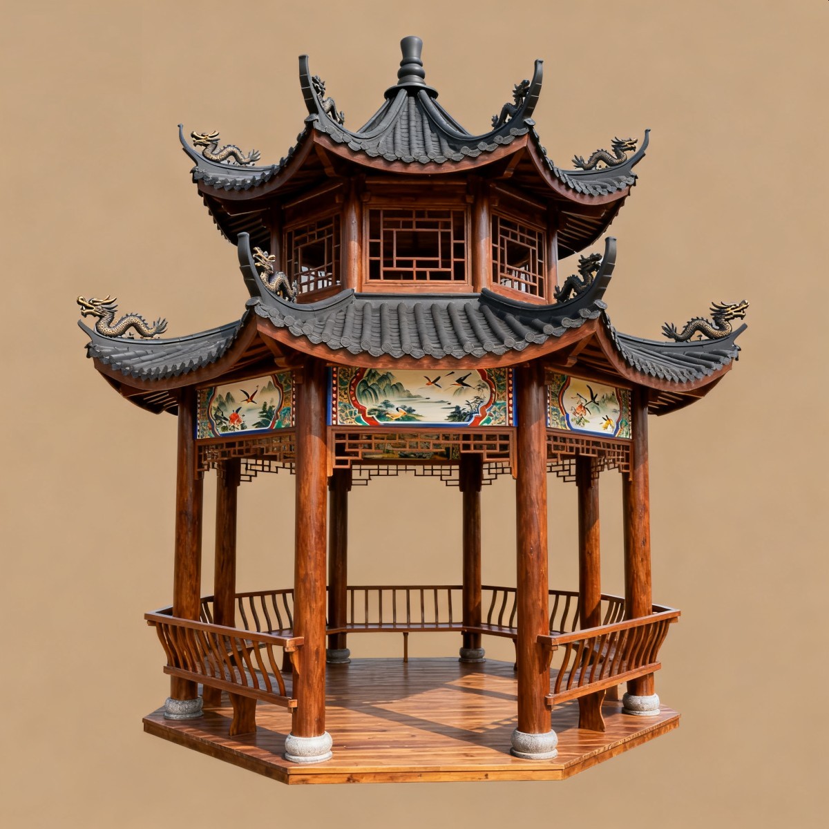 青海仿古风格防腐木凉亭,实木凉亭,木亭